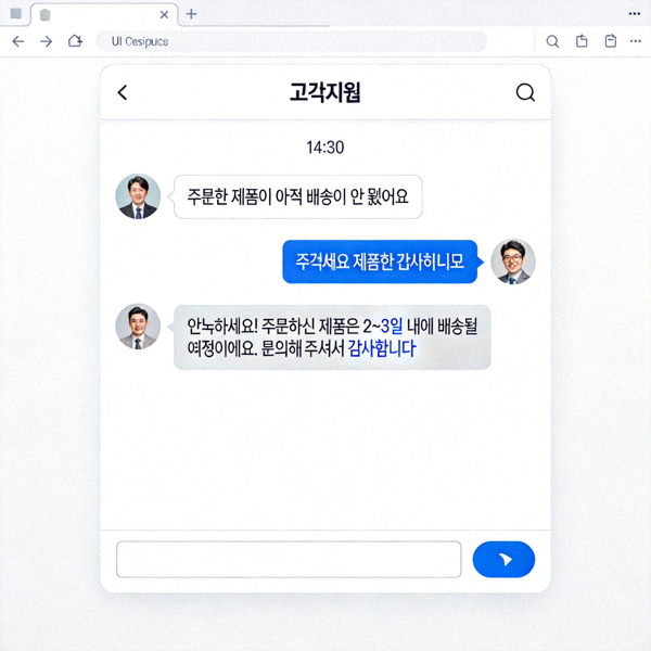 컴퓨터 화면에서 실시간 채팅 창이 열려 있고 한국어로 친절하게 응답하는 고객 지원 상담원의 메시지를 보여주는 이미지