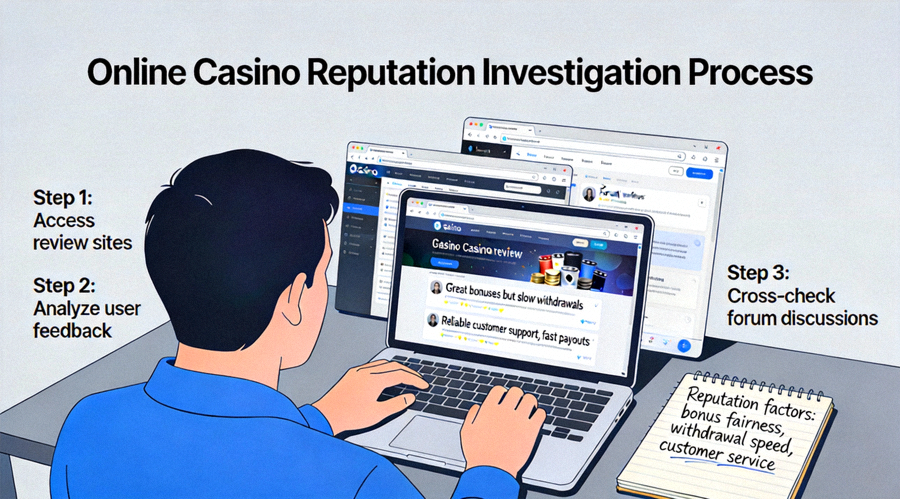 온라인 카지노 리뷰 사이트와 포럼에서 사용자 평가를 읽고 평판을 조사하는 과정을 묘사한 일러스트
