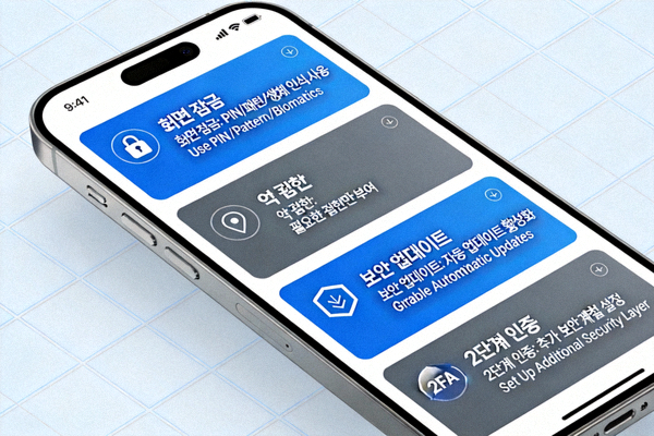 스마트폰 설정 메뉴에서 화면 잠금, 앱 권한, 보안 업데이트, 2단계 인증 설정을 강조하는 보안 강화 방법 시각자료