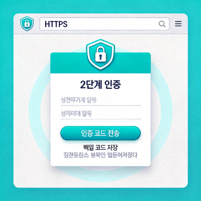 웹 브라우저 주소창의 자물쇠 아이콘과 HTTPS 표시, 그리고 2단계 인증 설정 화면을 보여주는 보안 관련 그래픽